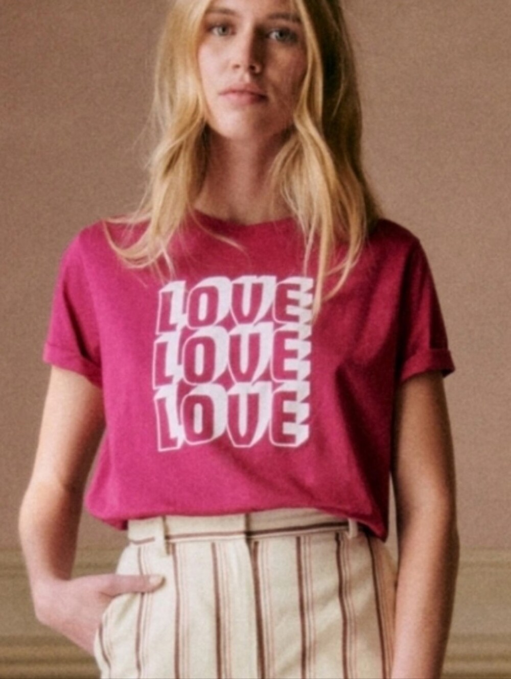 Sezane Hot Pink Tee with White 'LOVE' Graphic